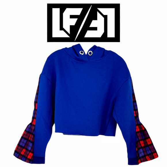 LF Tops - LF BSBW Cropped Sweatshirt Hoodie Plaid Sleeves